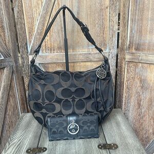 Coach 13642 ALI Signature Satin & Leather Hobo Shoulder Bag & Matching Wallet